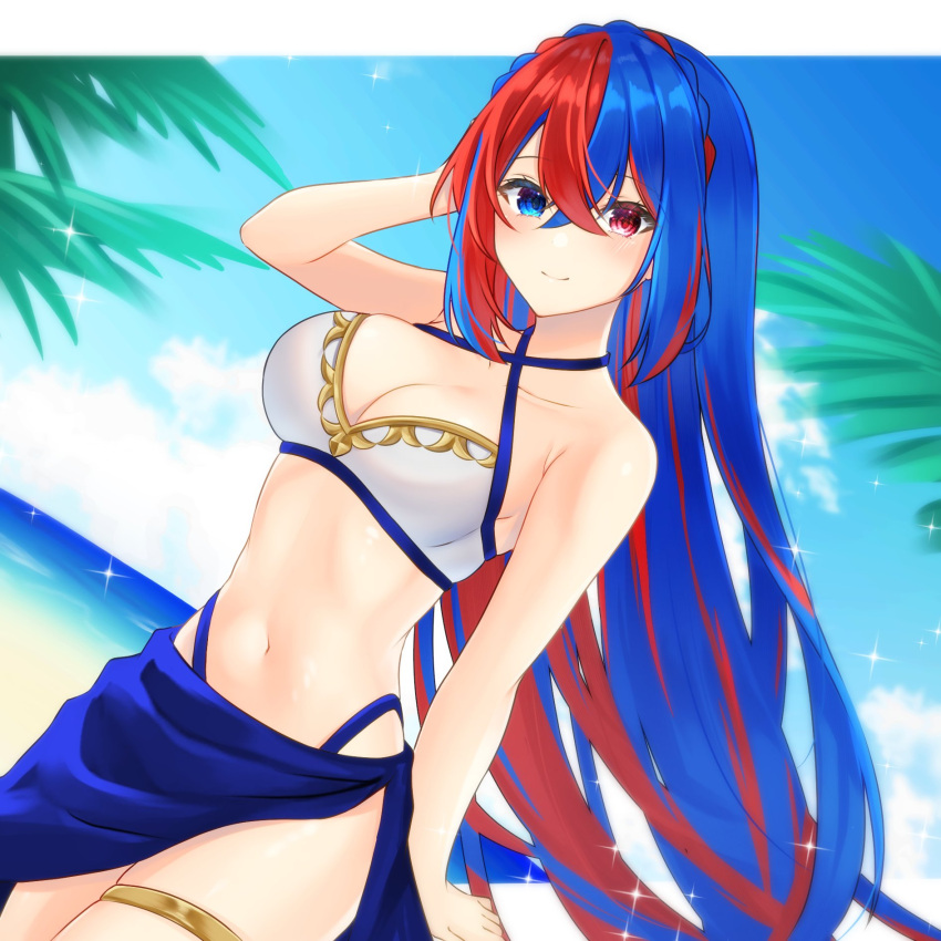 1girl 1girl 1girl 2023 alear_(female)_(fire_emblem) alear_(fire_emblem) alluring alternate_costume bare_arms bare_shoulders beach bikini blue_eyes blue_hair blue_sky breasts cleavage cloud commentary_request day female_only fire_emblem fire_emblem_engage hair_between_eyes hand_up heterochromia high_res long_hair looking_at_viewer medium_breasts multicolored_hair navel nekoyasiki_luna nintendo palm_tree red_eyes red_hair sand sarong sea sky smile stomach streaked_hair swimsuit thighlet very_long_hair white_bikini white_swimsuit