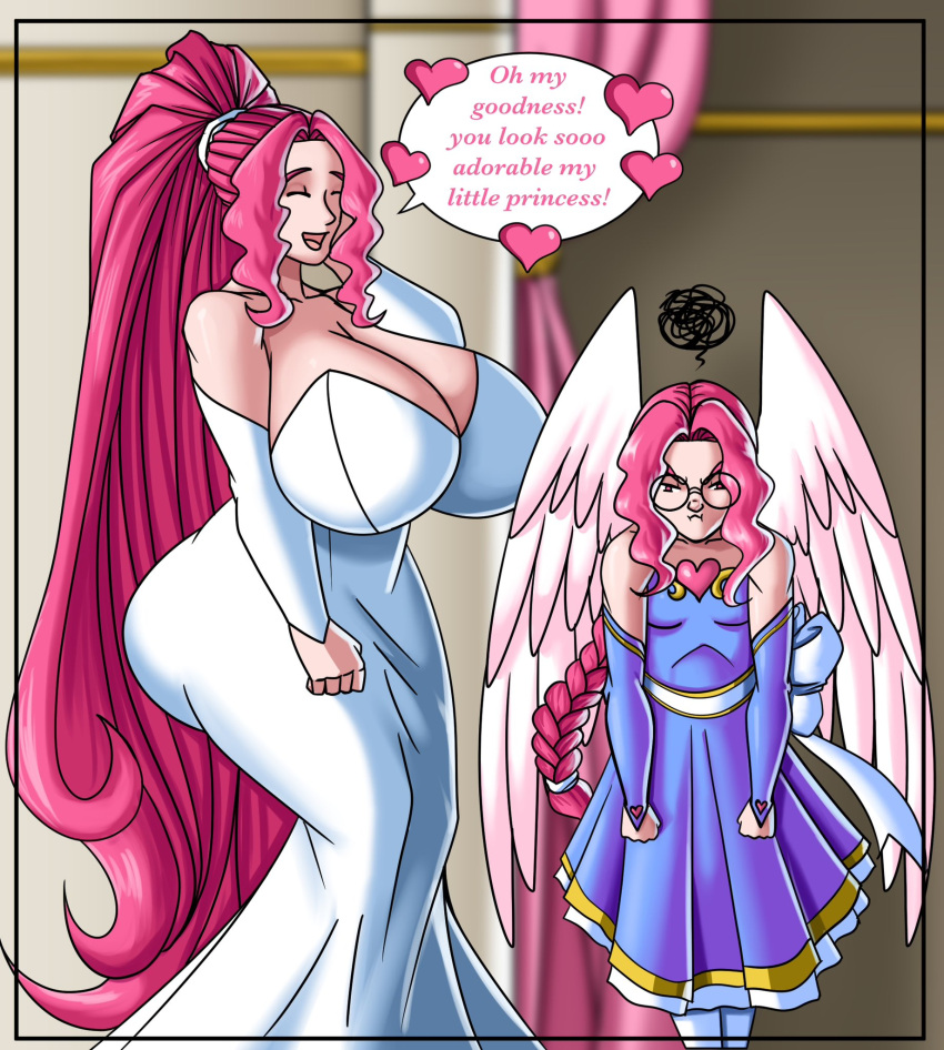 angel angel_wings angry annoyed closed_eyes feathers gigantic_ass gigantic_breasts glasses hourglass_figure laughing master_erasis pink_eyes pink_hair ponytail single_braid very_long_hair wings