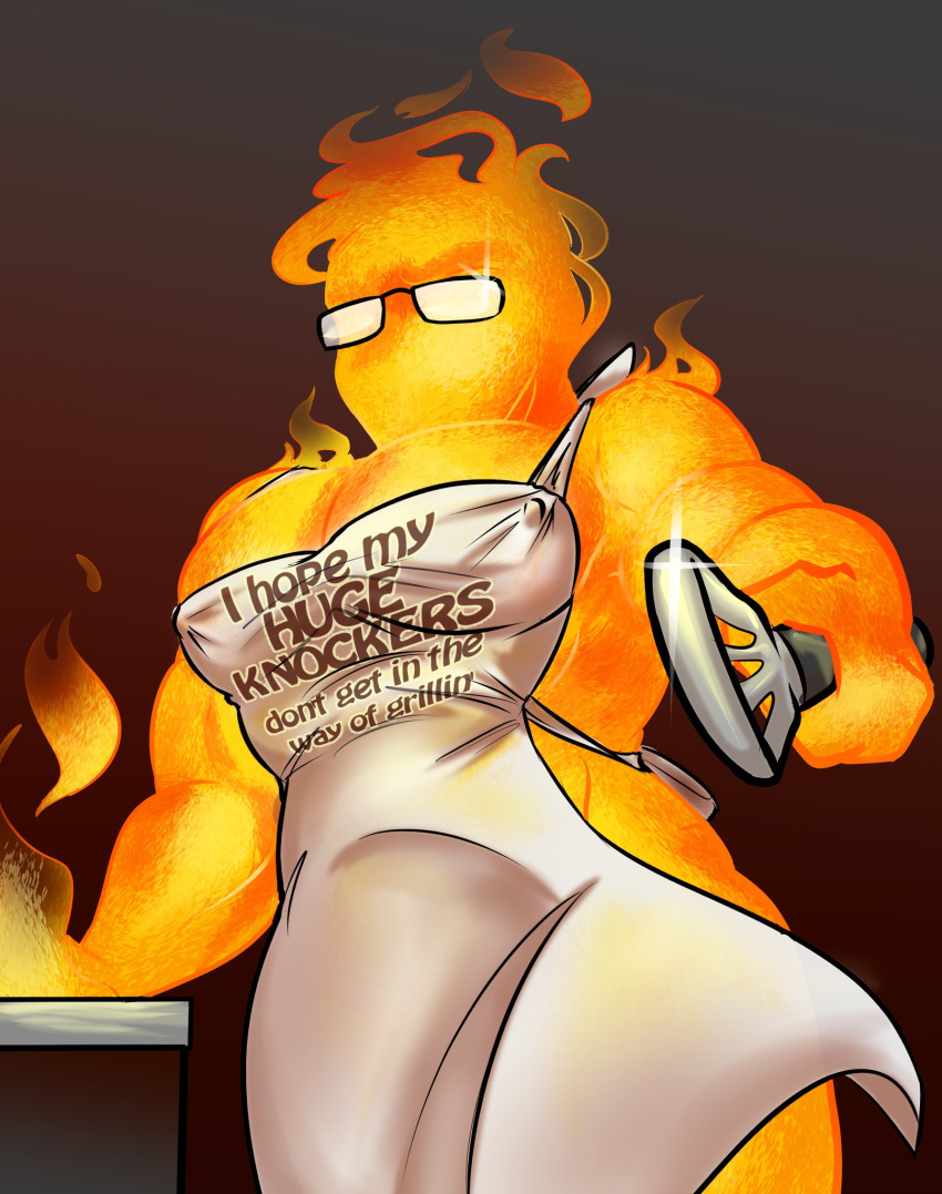 1boy 2020 2020s apron bara big_pecs dark_background english_text fire_elemental glasses grillby grillby_(undertale) male male_only melle-d mellednsfw monster monster_boy muscular muscular_male naked_apron orange_body pecs simple_background solo_male spatula text text_on_apron undertale undertale_(series)
