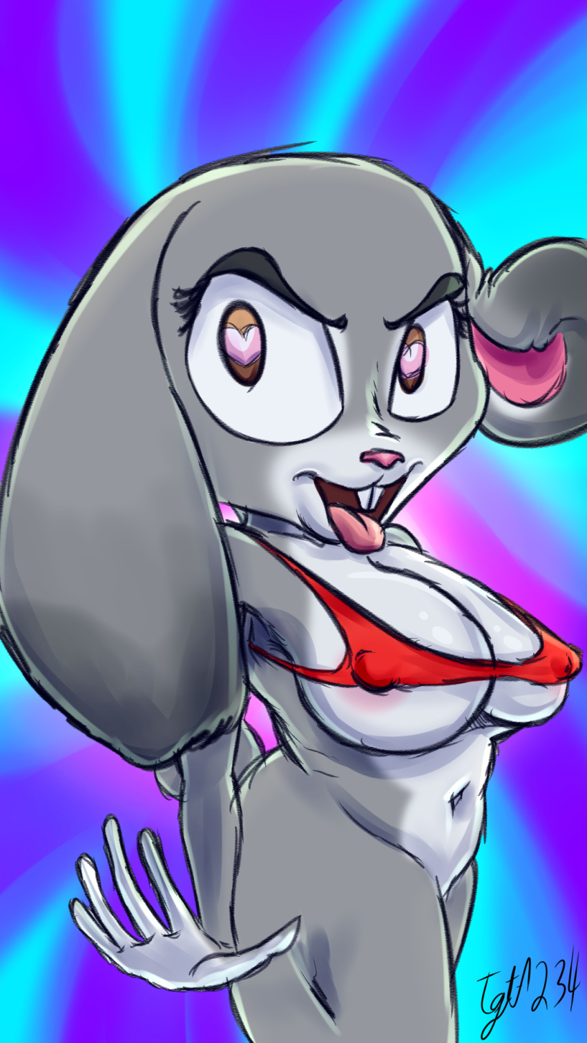 1girl 2016 5_fingers anthro areola armpits ass big_breasts bikini bottomless breasts brown_eyes clothed clothing disney erect_nipples eyelashes fur furry grey_fur heart heart-shaped_pupils judy_hopps lagomorph long_ears looking_at_viewer mammal nipples open_mouth pink_nose rabbit sketch smile swimsuit tgtf234 thick_thighs zootopia