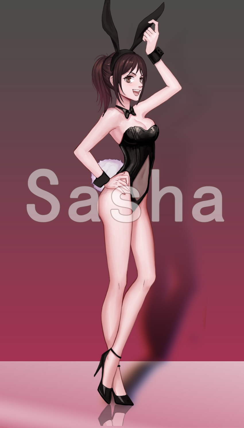 1girl alternate_costume animal_ears attack_on_titan bare_arms bare_legs bare_shoulders big_breasts black_leotard blush bowtie brown_eyes brown_hair bunny_tail bunnysuit character_name cleavage fake_animal_ears full_body gradient gradient_background high_heels leotard long_hair looking_at_viewer neck open_mouth ponytail red_background sasha_braus shingeki_no_kyojin smile standing strapless strapless_leotard wrist_cuffs