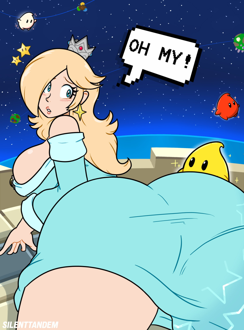 1girl 1girl ass ass_focus ass_in_dress big_ass big_breasts blue_eyes bubble_ass bubble_butt butt_focus earrings fully_clothed huge_breasts huge_thighs luma mario_(series) nintendo pale-skinned_female pale_skin rosalina seductive sexually_suggestive sexy sexy_ass sexy_body sexy_breasts sexy_pose silenttandem smelly_ass speech_bubble super_mario_bros. text thick_thighs wide_hips