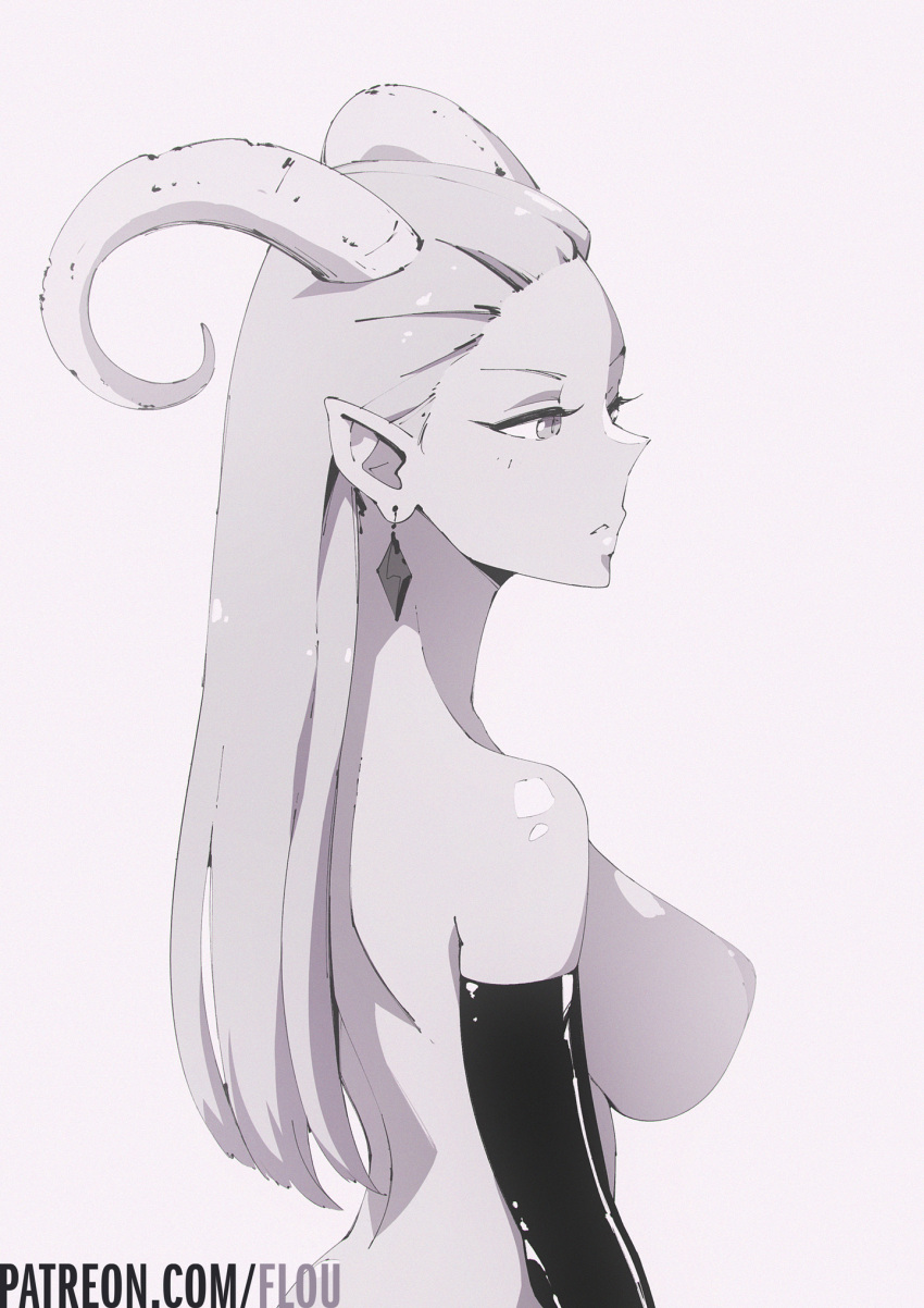 1girl 1girl 1girl artist_name big_breasts breasts clothing curled_horns demon_girl demon_horns earrings elbow_gloves flou forehead gloves high_resolution horns in_profile jewelry monochrome nipples no_bangs nude open_mouth original parted_lips pointed_ears slit_pupils upper_body