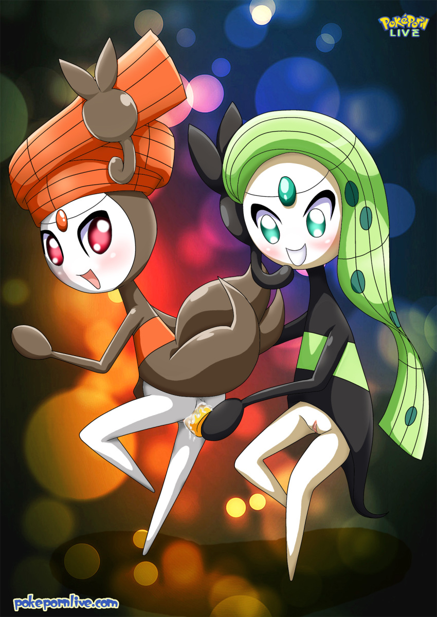 1girl 2_girls bbmbbf blue_eyes female/female furry green_hair meloetta nintendo palcomix pokemon pokepornlive pussy pussy_juice red_eyes red_hair sex sex_toy sex_toy_under_clothing smile white_skin yuri