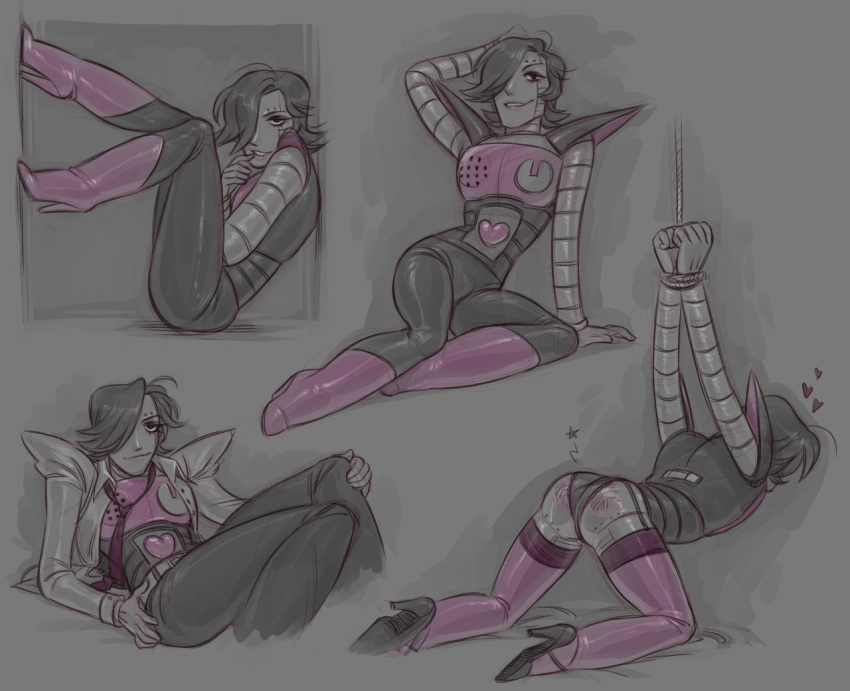 1boy 2d 2d_(artwork) black_hair boots bound_wrists digital_media_(artwork) femboy grey_background hair_over_one_eye hotlegmeme humanoid_robot kneel looking_at_viewer male male_only mettaton mettaton_ex multiple_views neck_tie pink_boots pose posing robot robot_humanoid seductive shoes solo_male spank_marks tied_up tied_wrists unbuttoned unbuttoned_shirt undertale undertale_(series) video_game_character video_games