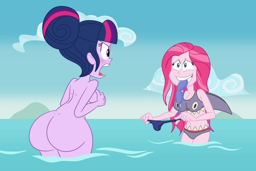 1girl 2_girls ass assisted_exposure backside big_ass big_ass big_breasts bikini bikini_bottom bikini_top blush breasts bubble_butt embarrassed_nude_female enf equestria_girls friendship_is_magic hasbro my_little_pony nude nude_female pink_hair pink_skin pinkie_pie_(eg) pinkie_pie_(mlp) purple_hair purple_skin sci-twi scobionicle99 shark_suit thick_ass twilight_sparkle_(mlp)