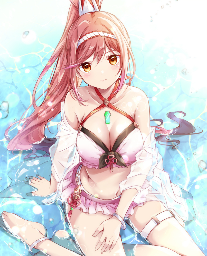 1girl alluring bare_shoulders big_breasts bikini blush breasts chest_jewel cleavage criss-cross_halter frilled_bikini frills front-tie_bikini_top front-tie_top full_body gem glimmer_(xenoblade) hair_ornament halterneck headband high_res leglet light_blush light_smile lips long_hair looking_at_viewer navel pink_bikini ponytail red_hair ripples see-through see-through_shirt shirt side-tie_bikini_bottom sitting_on_water smile swimsuit ui_frara water wet wet_clothes wet_shirt xenoblade_(series) xenoblade_chronicles_(series) xenoblade_chronicles_3 yellow_eyes