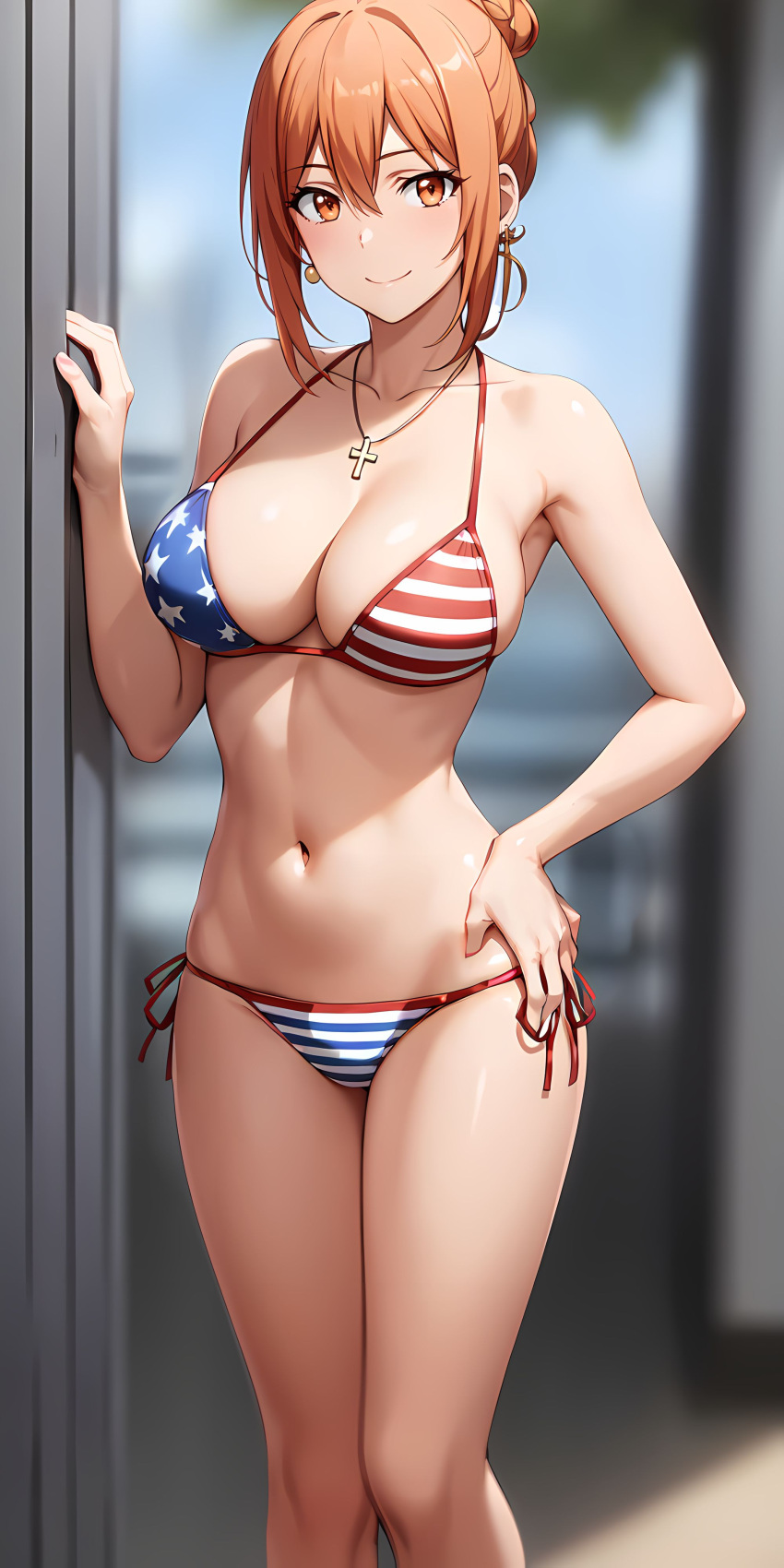 1826313 1girl alluring american_flag_bikini big_breasts bikini cleavage magenta_eyes milf necklace orange_hair yahari_ore_no_seishun_lovecome_wa_machigatteiru. yuigahama_yui's_mother