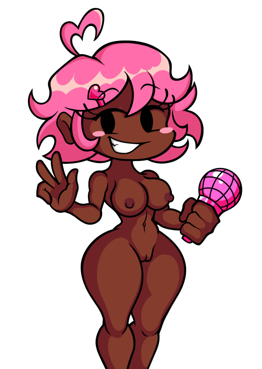 blush brown_skin completely_nude completely_nude_female dark-skinned_female female friday_night_funkin heart_hair_ornament human_pink_(friday_night_funkin) looking_at_viewer microphone nude nude_female pink_(among_us) pink_hair pink_microphone v v_sign