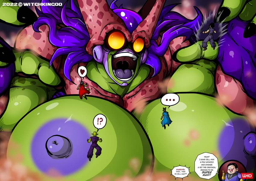 1girl 5boys alien alien_humanoid android areola artist_name big_breasts breasts cell_(dragon_ball) cell_max dialogue dragon_ball dragon_ball_super dragon_ball_super_super_hero dragon_ball_z english_text enormous_breasts funimation gamma_1 gamma_2 genderswap giant_breasts giantess green_body grey_body grey_skin hairless huge_breasts human humanoid hyper hyper_breasts light-skinned_male light_skin massive_breasts monster monster_girl multiple_boys namekian piccolo rule_63 saiyan shounen_jump size_difference son_gohan speech_bubble text toei_animation transformation watermark witchking00