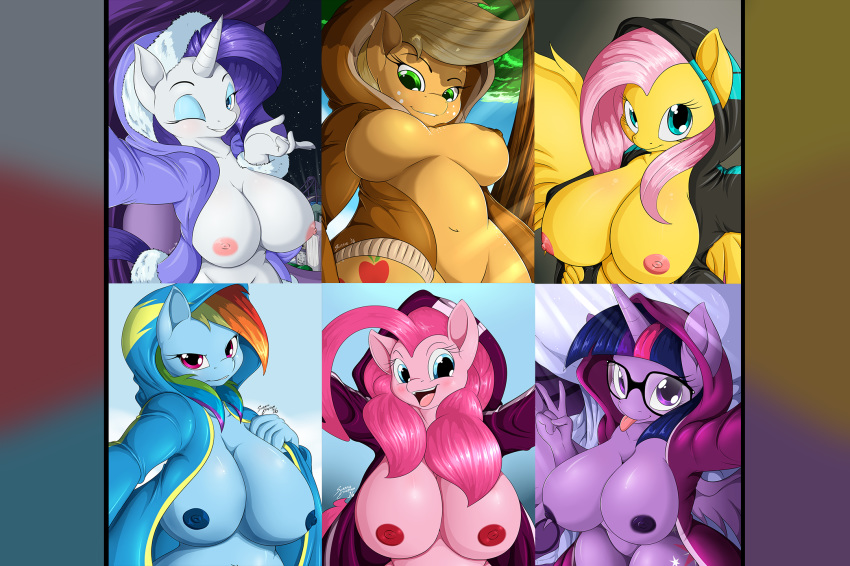 1girl 2016 6+girls anthro anthrofied applejack areola big_breasts blonde_hair blue_eyes blue_nipples blue_skin blush breasts clothed clothes clothing cloud cutie_mark earth_pony equine erect_nipples eyelashes eyeshadow eyewear feathered_wings feathers fluttershy freckles friendship_is_magic furry glasses green_eyes hair high_res hoodie horn horse huge_breasts large_breasts long_hair looking_at_viewer makeup mammal multicolored_hair my_little_pony navel nipples one_eye_closed open_clothes open_mouth open_shirt orange_skin outdoors outside pegasus pink_hair pink_nipples pink_skin pinkie_pie pony pose purple_eyes purple_hair purple_nipples purple_skin rainbow_dash rainbow_hair rarity selfpic sky smile suirano the_mane_six tongue tongue_out tree twilight_sparkle unicorn v water white_skin winged_unicorn wings wink yellow_skin