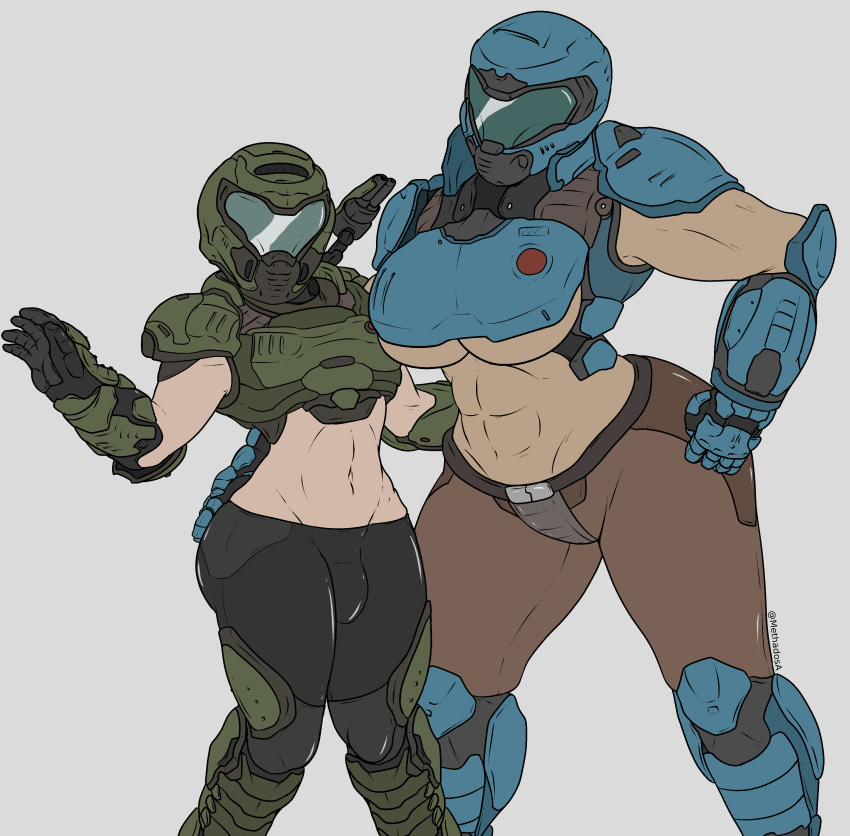 1boy 1girl abs big_breasts breasts bulge clothed clothing crash_(quake) crossover dark_skin doom doom_slayer_(doom) duo femboy human knees_together_feet_apart male male_focus methados mostly_clothed muscular muscular_female navel pale_skin penis quake size_difference smaller_male standing tomboy underboob
