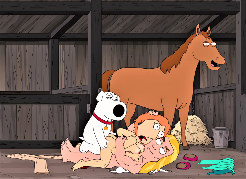 anal ass beastiality blackzacek breasts brian_griffin cartoon_milf cmdrzacek double_penetration erect_nipples family_guy group_sex horatio_(family_guy) horse_(family_guy) lois_griffin nude pale_breasts surprised_expression thighs threesome vaginal