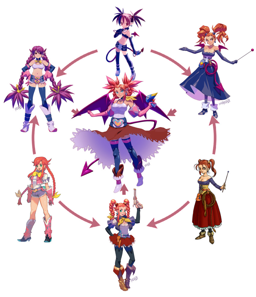 6+girls bare_shoulders bat_wings boots braid breasts cleavage corset cutoffs demon_girl disgaea dragon_quest dragon_quest_viii dress elbow_gloves etna fusion gloves hexafusion highres jessica_albert jessica_albert_(dragon_quest) knee_boots large_breasts long_hair makai_senki_disgaea multiple_girls navel open_mouth pantyhose pink_gloves pointy_ears purple_shirt rebecca_streisand red_eyes red_hair robert_porter shiny shiny_skin shirt short_shorts shorts smile strapless_dress taut_clothes taut_shirt thighhighs thighhighs_over_pantyhose twintails wild_arms wild_arms_5 wings