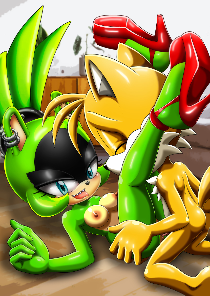 1boy 1boy1girl 1girl animal_ears anthro bbmbbf black_nose blue_eyes breasts closed_eyes edit edited erect_nipples furry green_fur half-closed_eyes high_heels leg_wrap miles_"tails"_prower mobius_unleashed nipples open_mouth palcomix penis piercing sega sex sharp_teeth sonic_*(series) sonic_the_hedgehog_(series) surge_the_tenrec tongue tongue_out vaginal vaginal_penetration yellow_fur