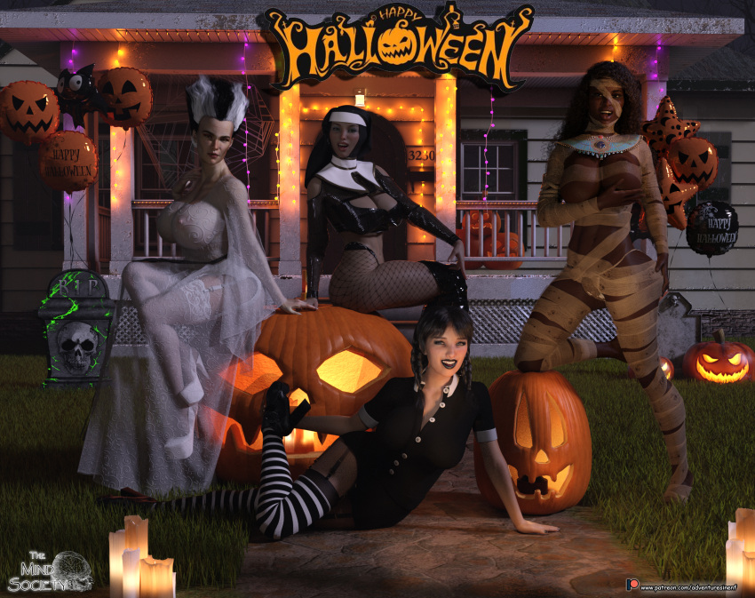3d big_breasts breasts halloween halloween_costume jack-o'-lantern multiple_girls pumpkin sexy