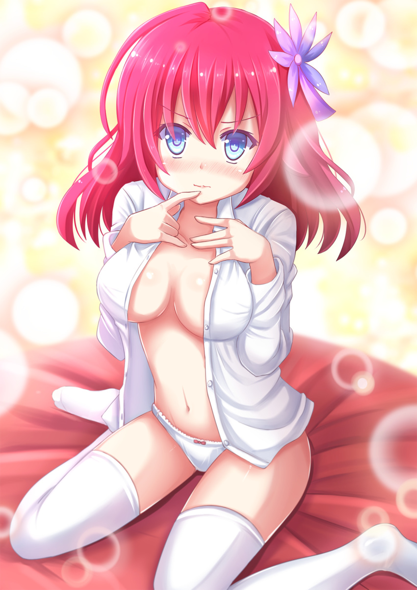 1girl bangs blue_eyes blush bow bow_panties breast_suppress breasts breasts_apart center_opening collarbone cushion female finger_to_mouth flower hair_flower hair_ornament highres human kazenokaze lace-trimmed_panties large_breasts lens_flare lens_flare_abuse long_sleeves looking_at_viewer navel no_bra no_game_no_life no_pants open_clothes open_shirt panties partially_undressed pink_hair shiny shiny_hair shiny_skin shirt short_hair sitting solo stephanie_dora thighhighs unbuttoned underwear wariza white_legwear white_panties white_shirt