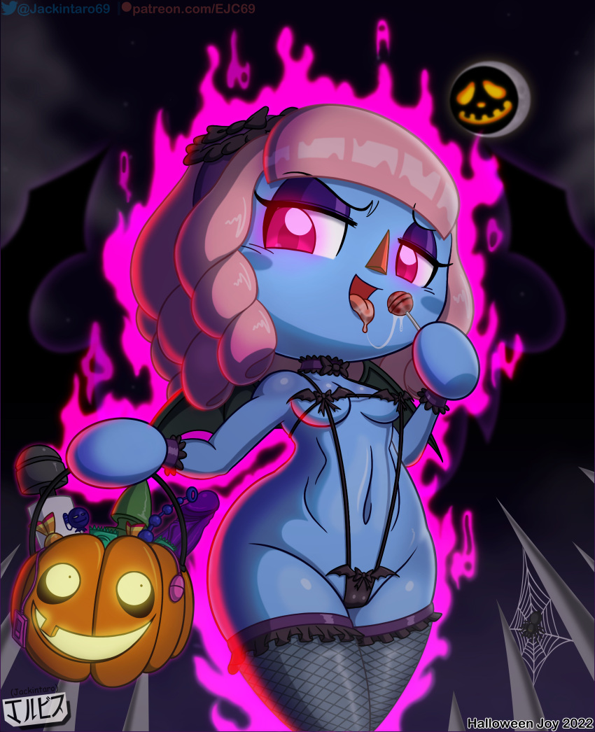 1girl animal_crossing animal_crossing_girl aura blue_body breasts buttplug candy condom digital_media_(artwork) female_only halloween jack-o'-lantern jackintaro looking_at_viewer night nintendo pink_eyes pink_hair saliva sex_toy spider_web stockings tongue_out underwear villager_(animal_crossing) wings