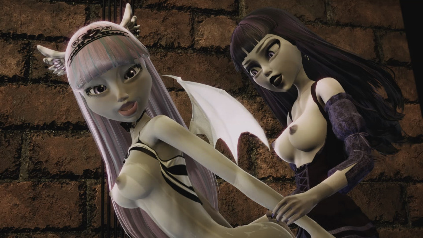 16:9 3d breasts dark_hair elissabat erect_nipples futa futanari halloween indoors long_hair looking_at_viewer looking_pleasured medium_breasts monster_high nipples open_eyes open_mouth painted_nails pale pale-skinned_female pale_skin partially_clothed pink_hair rochelle_goyle shirt_lift vampire wings