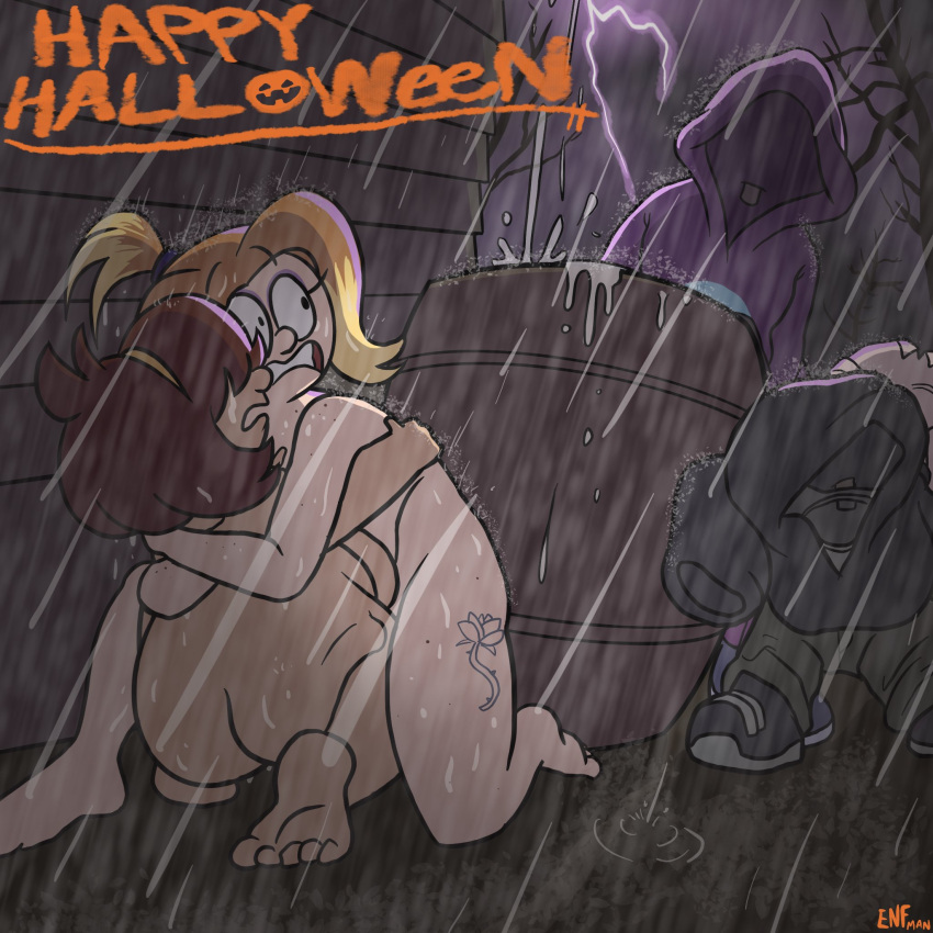 2_girls embarrassed embarrassing enf female_focus female_only funny halloween living_clothes nude shortstack