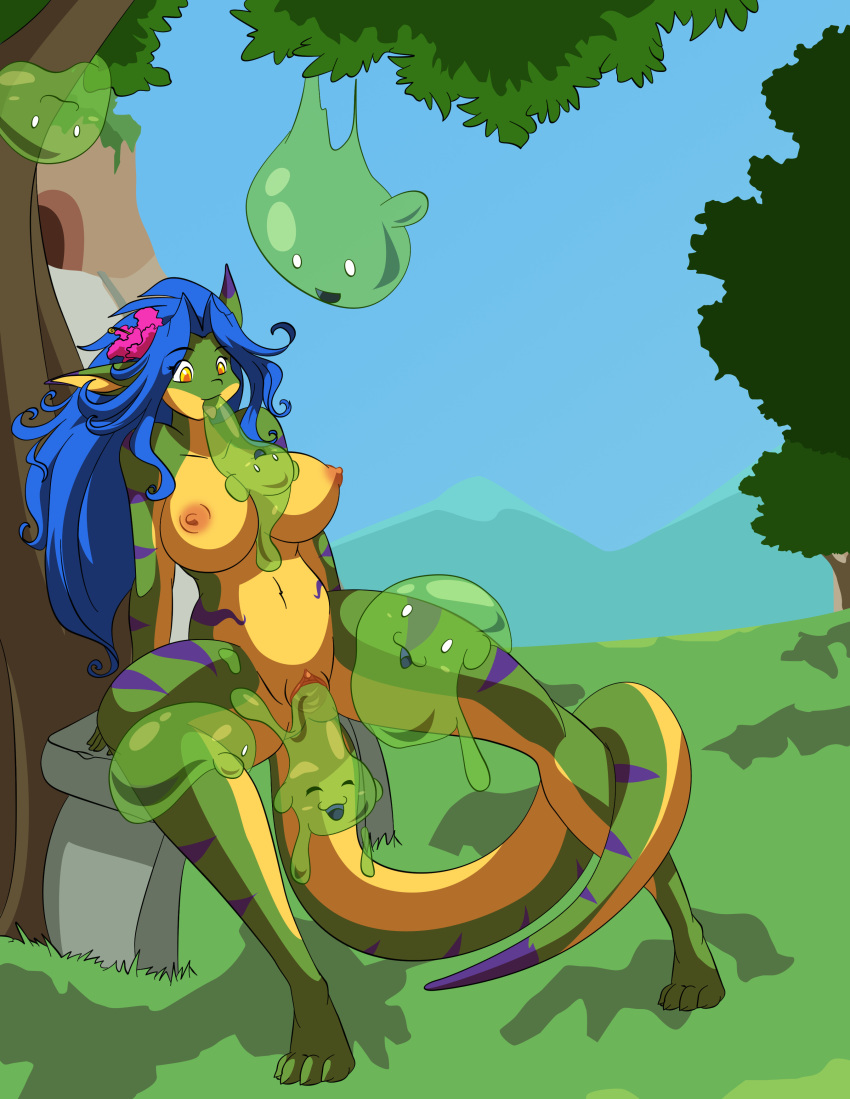 anthro blue_hair breasts chalo chalodillo chalosan curvy_figure cute_fangs female flower_in_hair furry gecko geecku green_body huge_breasts las_lindas las_lindas_(series) lizard multicolored_body non-mammal_breasts reptile scalie slime_monster striped_body stripes thick_tail webcomic webcomic_character yellow_body yellow_eyes