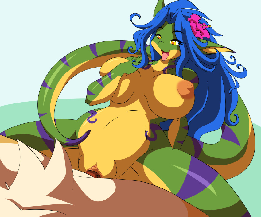 anthro blue_hair breasts chalo chalodillo chalosan cowgirl_position curvy_figure cute_fangs female flower_in_hair furry gecko geecku green_body las_lindas las_lindas_(series) lizard multicolored_body non-mammal_breasts reptile scalie striped_body stripes thick_tail vaginal webcomic webcomic_character yellow_body yellow_eyes