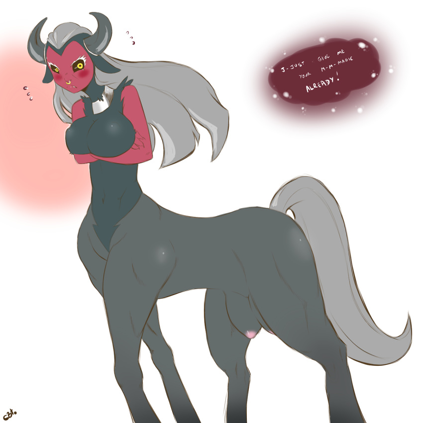 2014 black_sclera blush breasts centaur cold-blooded-twilight collar crossed_arms crossgender demon dialog english_text equine facial_piercing fangs female friendship_is_magic frown fur grey_hair hair horn human hybrid looking_at_viewer mammal my_little_pony nipples nose_piercing nose_ring piercing plain_background red_skin solo taur teats text tirek_(mlp) white_background yellow_eyes