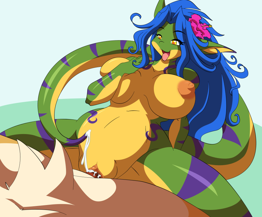 anthro blue_hair breasts chalo chalodillo chalosan character_request cowgirl_position cum curvy_figure cute_fangs female flower_in_hair furry gecko geecku green_body las_lindas las_lindas_(series) lizard multicolored_body non-mammal_breasts reptile scalie striped_body stripes thick_tail vaginal webcomic webcomic_character yellow_body yellow_eyes
