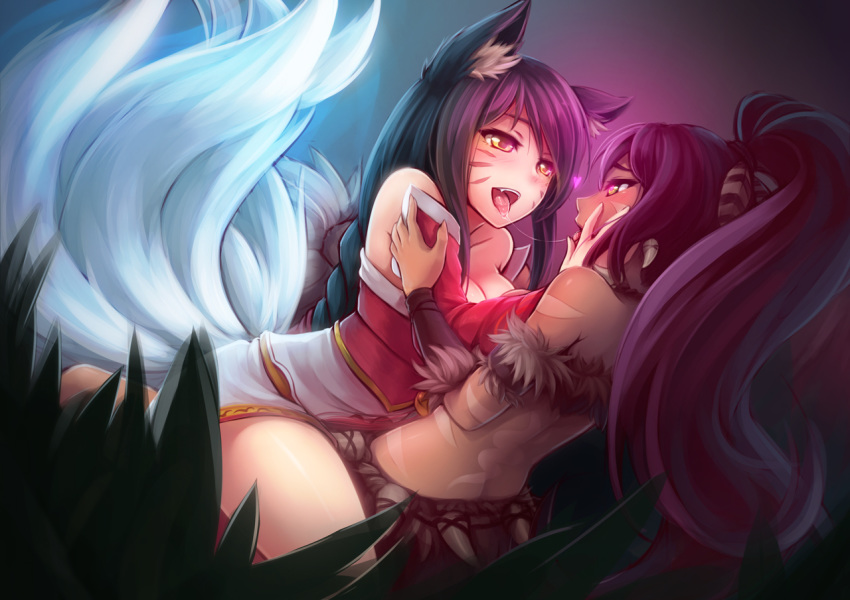 2_girls 2girls after_kiss ahri animal_ears arm arm_grab arms babe back bare_back bare_legs bare_shoulders big_breasts black_hair blush bra braid breasts bush cleavage collarbone dark_skin detached_sleeves eye_contact facial_mark fang female fox_ears fox_tail girl_on_top grass hand_on_another's_face heart heart-shaped_pupils hug hugging inari interracial kerasu large_breasts league_of_legends legs long_hair looking_at_viewer love mind_control monster_girl multiple_girls multiple_tails mutual_yuri nidalee open_mouth ponytail ricegnat saliva saliva_trail shiny shiny_skin smile symbol-shaped_pupils tail tongue tongue_out tribal underwear whisker_markings yellow_eyes yuri