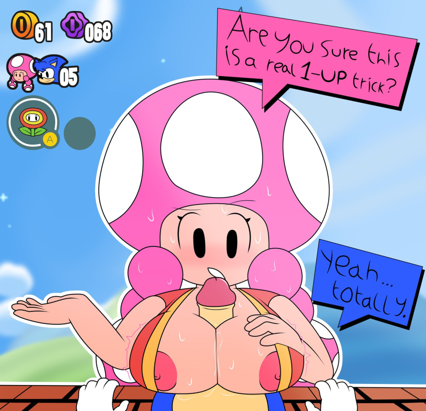 1boy 1boy1girl 1girl blush breasts dialogue english_text erection eyelashes fan_character fire_flower furry furry_male gloves jooigi_(playcustomdelivery) looking_at_penis male mario_(series) nipple_slip nipples nude nude_male outside paizuri partially_clothed penis pink_nipples question sega sonic_the_hedgehog sonic_the_hedgehog_(series) speech_bubble super_mario_bros._wonder sweating text text_box throbbing_breasts toadette twin_tails