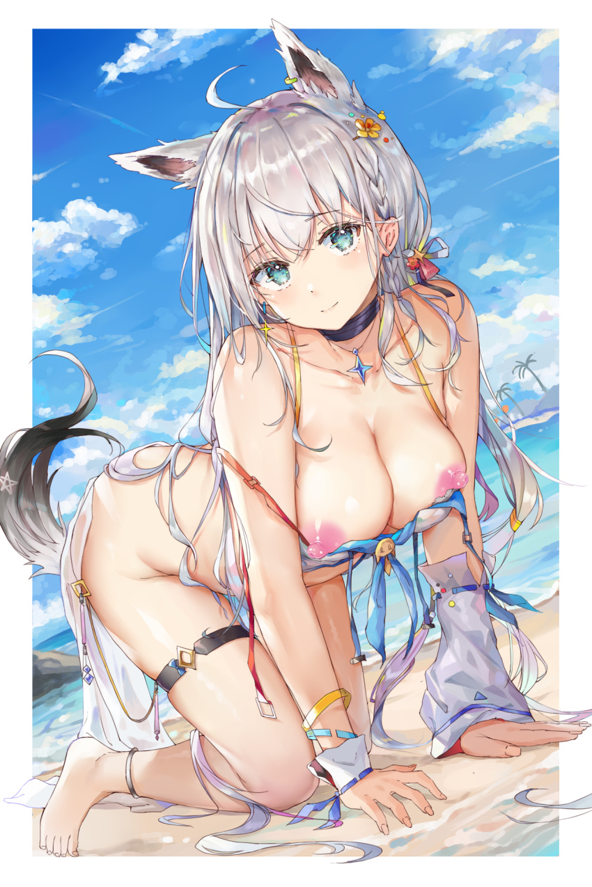 1girl all_fours ambiguous_background animal_ear_fluff animal_ears anklet aqua_eyes bangs bare_shoulders beach big_breasts bikini black_choker black_tail blush bottomless braid breasts choker clavicle cleavage closed_mouth cloud cowlick day detached_sleeves eyebrows eyebrows_visible_through_hair eyelashes female_only female_solo fingernails flower fluffy_tail fox_girl fox_tail full_body full_color garter gradient gradient_hair hair_between_eyes hair_flower hair_ornament hand_on_floor high_resolution hololive jewelry kiriko_(araragikoyomi) kitsune kitsunemimi lace leg_garter long_hair looking_at_viewer multicolored_hair multicolored_tail nail_polish necklace nopan nude_filter ocean open_eyes outside palm_tree pelvic_curtain pink_nails purple_hair ribbon-trimmed_sleeves ribbon_trim sand shiny shiny_skin shirakami_fubuki side_braid sidelocks silver_hair single_sleeve skindentation sky smile strap_slip swimsuit tail thigh_strap thin_eyebrows third-party_edit tied_hair toenails tree two_tone_tail very_long_hair virtual_youtuber wardrobe_malfunction water white_border white_tail wrist_cuffs