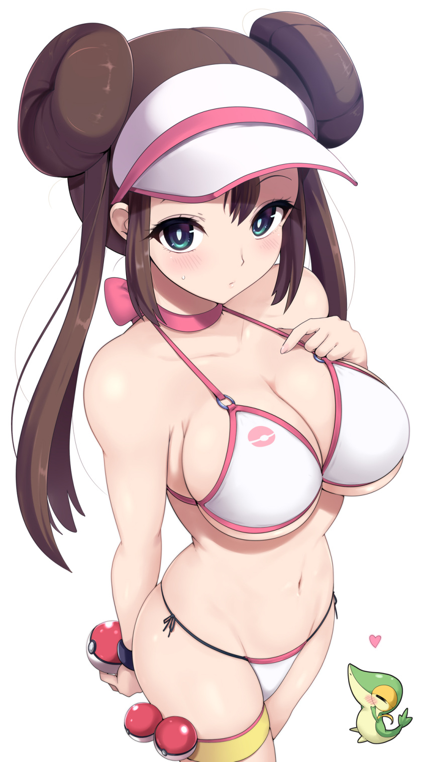 1girl 1girl 1girl big_breasts bikini blue_eyes blush breasts clothed_female female_focus female_only hat huge_breasts kasai_shin light-skinned_female light_skin long_hair looking_at_viewer nintendo pokemon pokemon_bw2 rosa_(pokemon) snivy solo_female solo_focus tagme teen thick_thighs thighs twin_buns twin_tails video_game_character video_game_franchise white_bikini