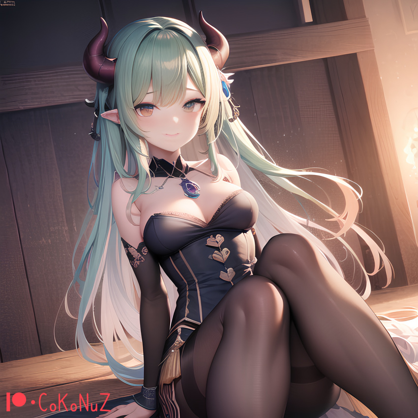1girl aqua_hair arm_support bangs bare_shoulders black_legwear breasts cleavage closed_mouth cokonuz collarbone dress green_hair horns indoors long_hair looking_at_viewer medium_breasts original pantyhose pointy_ears sitting smile solo strapless thighband_pantyhose very_long_hair wooden_floor