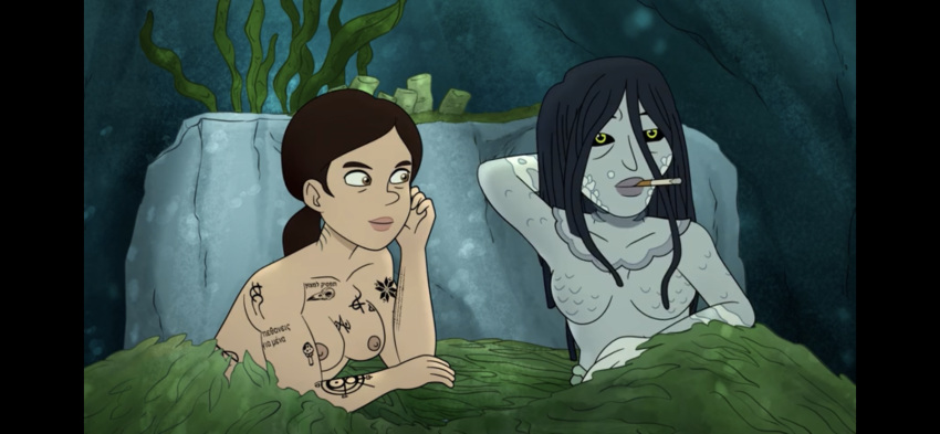 3_fingers after_sex brown_hair cigarette completely_nude_female in_bed laura_feinberg little_demon muscle ponytail screenshot sea_hag smoking tattoos underwater yuri