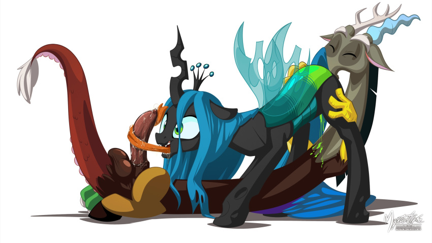 1boy 1girl changeling discord_(mlp) draconequus erection forked_tongue friendship_is_magic horns implied_cunnilingus interspecies licking_penis long_tongue male/female my_little_pony mysticalpha oral penis pussy_juice queen_chrysalis tail vaginal_juices white_background wings