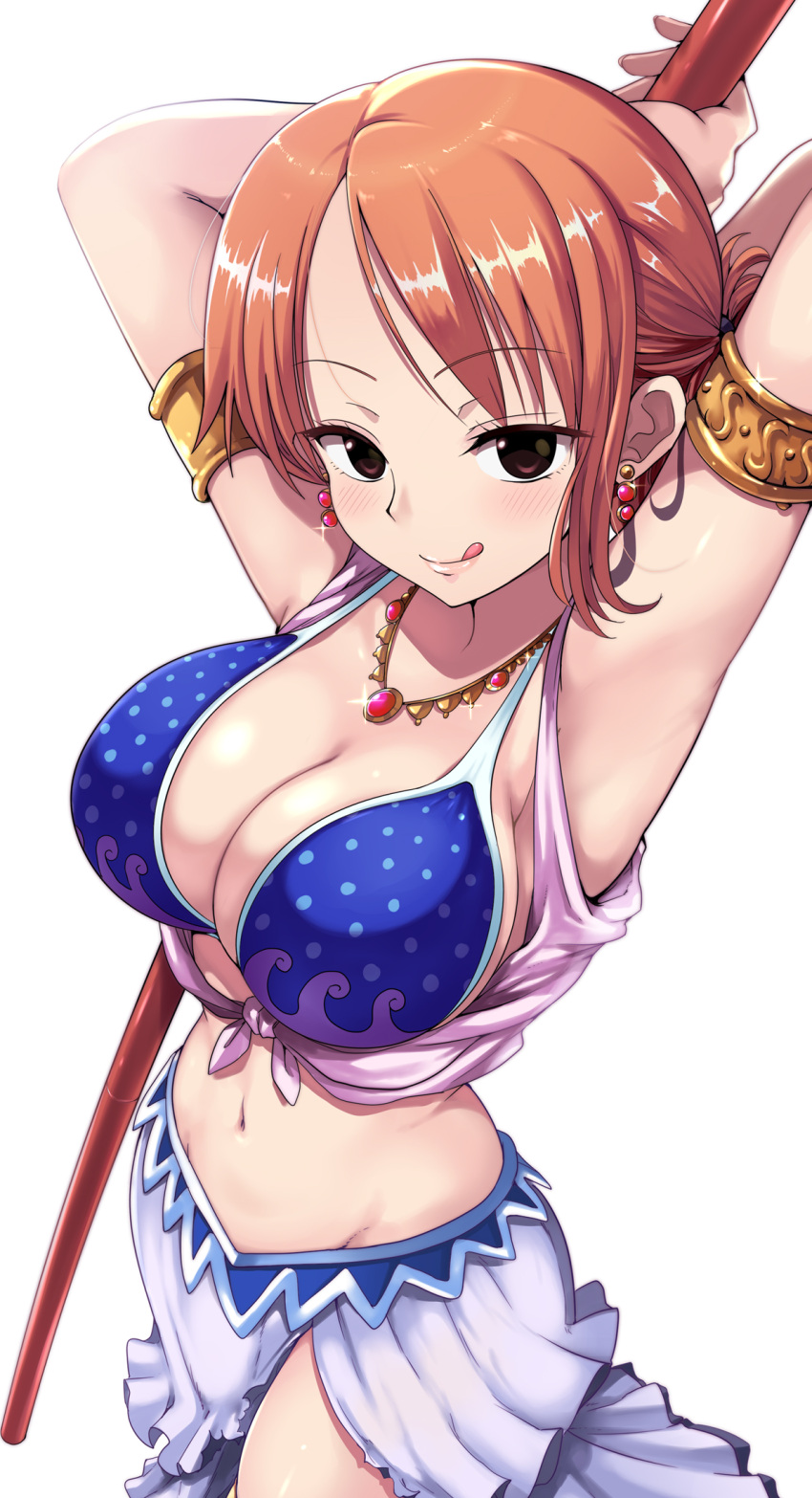 1girl 1girl 1girl alabasta arm_band arm_bands armpits arms_up big_breasts breasts cleavage clima-tact clothed_female curvy dancer dancer_outfit dress female_focus female_only kasai_shin mature mature_female nami navel one_piece orange_hair pre-timeskip pre_timeskip seductive short_hair skirt solo_female solo_focus tagme tongue_out tummy