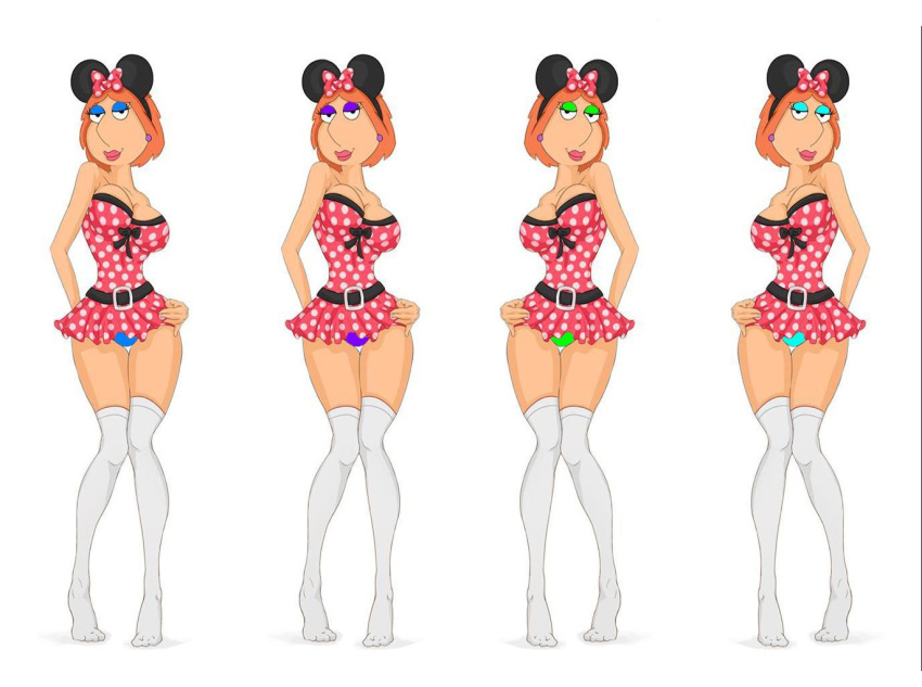 1girl family_guy lois_griffin mickey_mouse micro_dress orange_hair panties panty_shot pinup polka_dot revealing_clothes socks solo stockings thighhighs