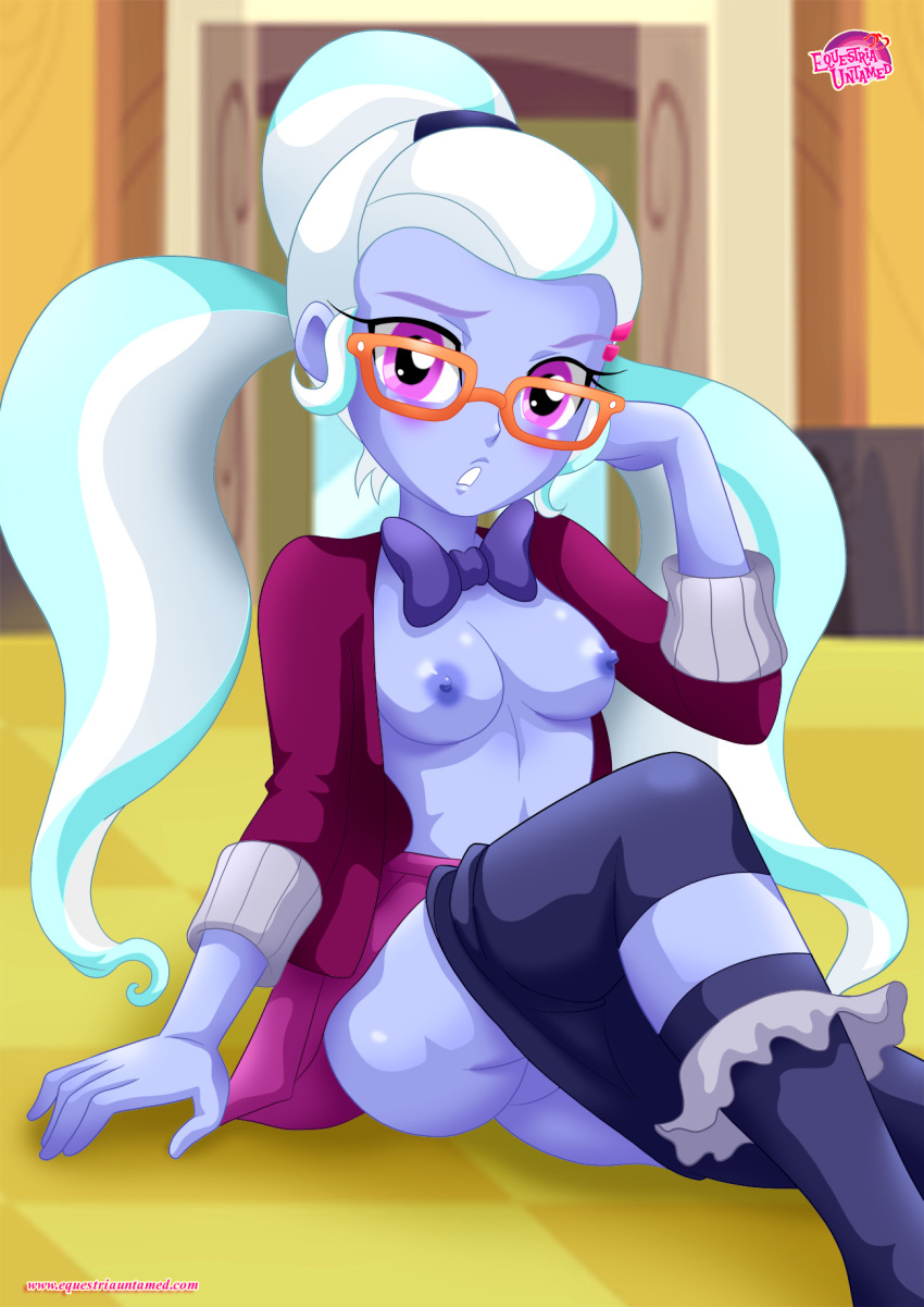1_girl 1girl ass bespectacled blush breasts cute equestria_girls equestria_untamed female female_only friendship_is_magic glasses long_hair looking_at_viewer my_little_pony nipples no_bra open_shirt palcomix partially_undressed pink_eyes school_uniform sitting skirt socks solo sugarcoat tights twin_tails uniform white_hair