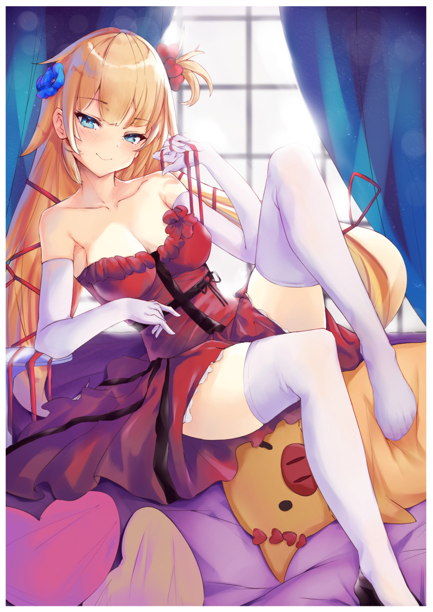 1girl 1girl akai_haato bangs bare_shoulders black_footwear blonde blue_eyes blue_flower blush breasts chinese clavicle cleavage closed_mouth dress elbow_gloves eyebrows_visible_through_hair flower gloves hair_flower hair_ornament happy_birthday heart heart_pillow high_heels high_resolution hololive long_hair looking_at_viewer mathiamo13 medium_breasts no_shoes one_side_up pillow red_dress red_flower shoes single_shoe sitting smile stockings strapless strapless_dress stuffed_toy thighs very_high_resolution very_long_hair virtual_youtuber white_gloves window zettai_ryouiki