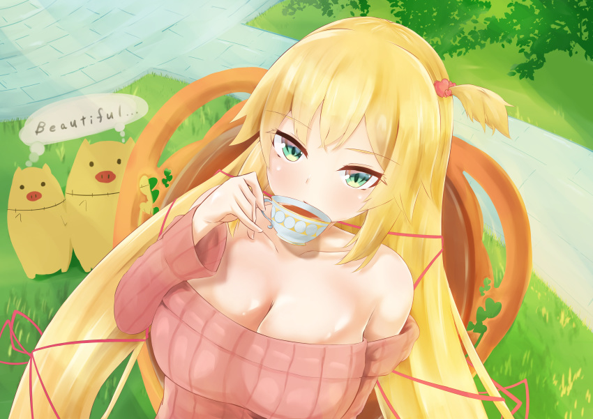 1girl 1girl akai_haato blonde_hair breasts heart high_resolution hololive large_filesize long_hair ribbon teal_eyes upper_body very_high_resolution virtual_youtuber