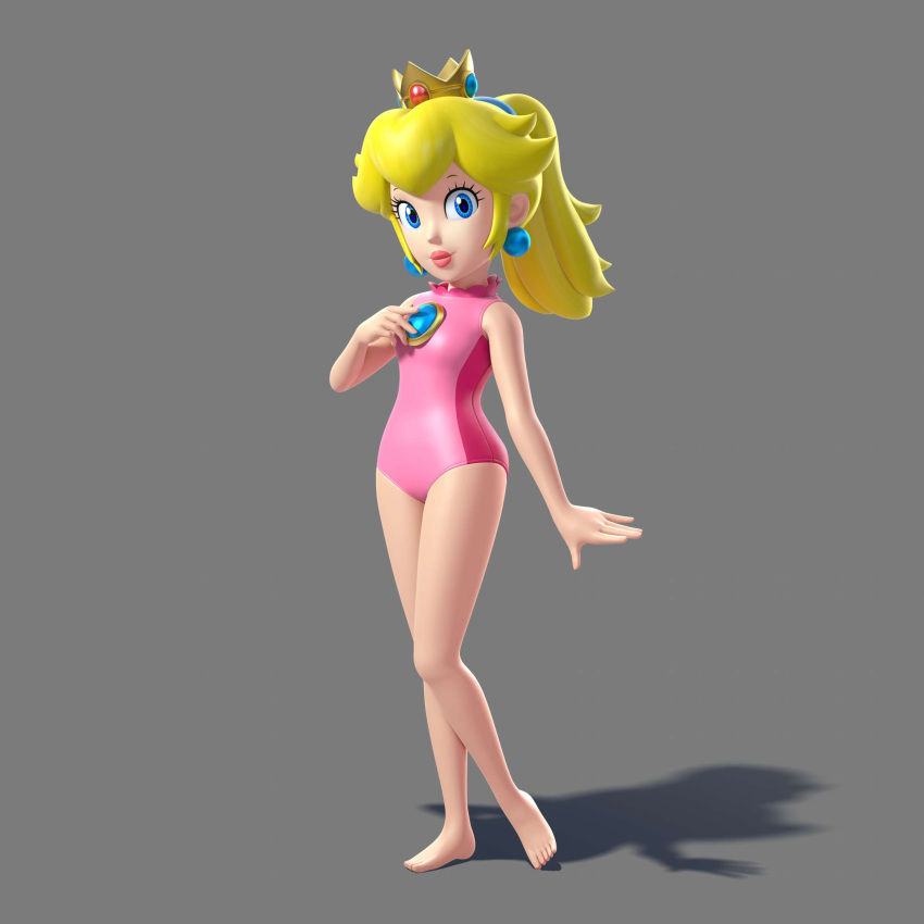 1girl 3d barefoot female full_body grey_background leotard mario_&amp;_sonic_at_the_olympic_games mario_&amp;_sonic_at_the_rio_2016_olympic_games nintendo official_art princess_peach solo super_mario_bros.