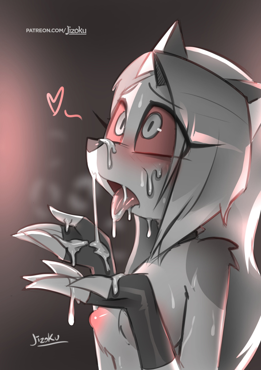 anthro blush breasts cum cum_in_mouth cum_on_face cum_on_hands cum_on_tongue furry helluva_boss jizoku loona_(vivzmind) nude open_mouth tongue tongue_out
