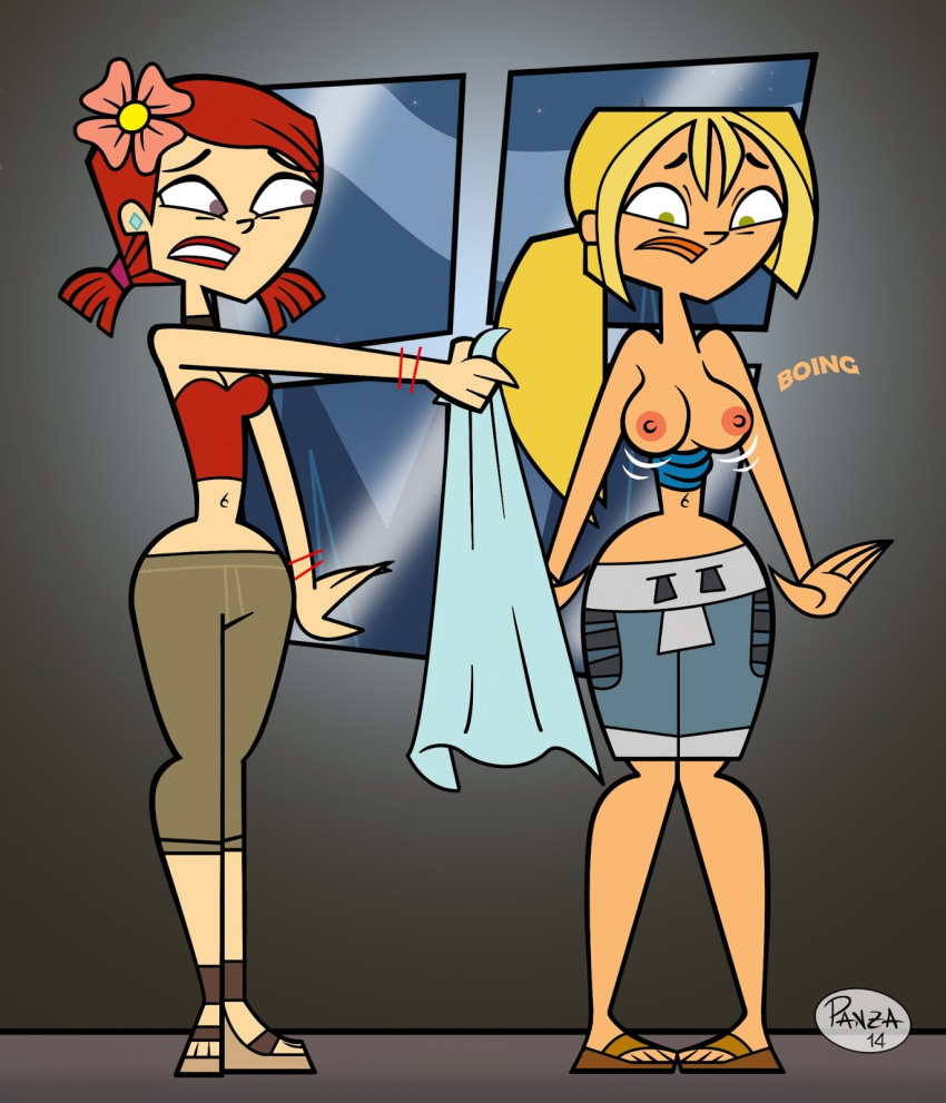 big_breasts blonde_hair bridgette_(tdi) cartoon_network funny green_eyes hourglass_figure ilpanza light-skinned_female long_blonde_hair long_hair navel nipples surfer_girl surprised thick_ass thick_legs thick_thighs total_drama_island wardrobe_malfunction wasp_waist zoey_(tdi)