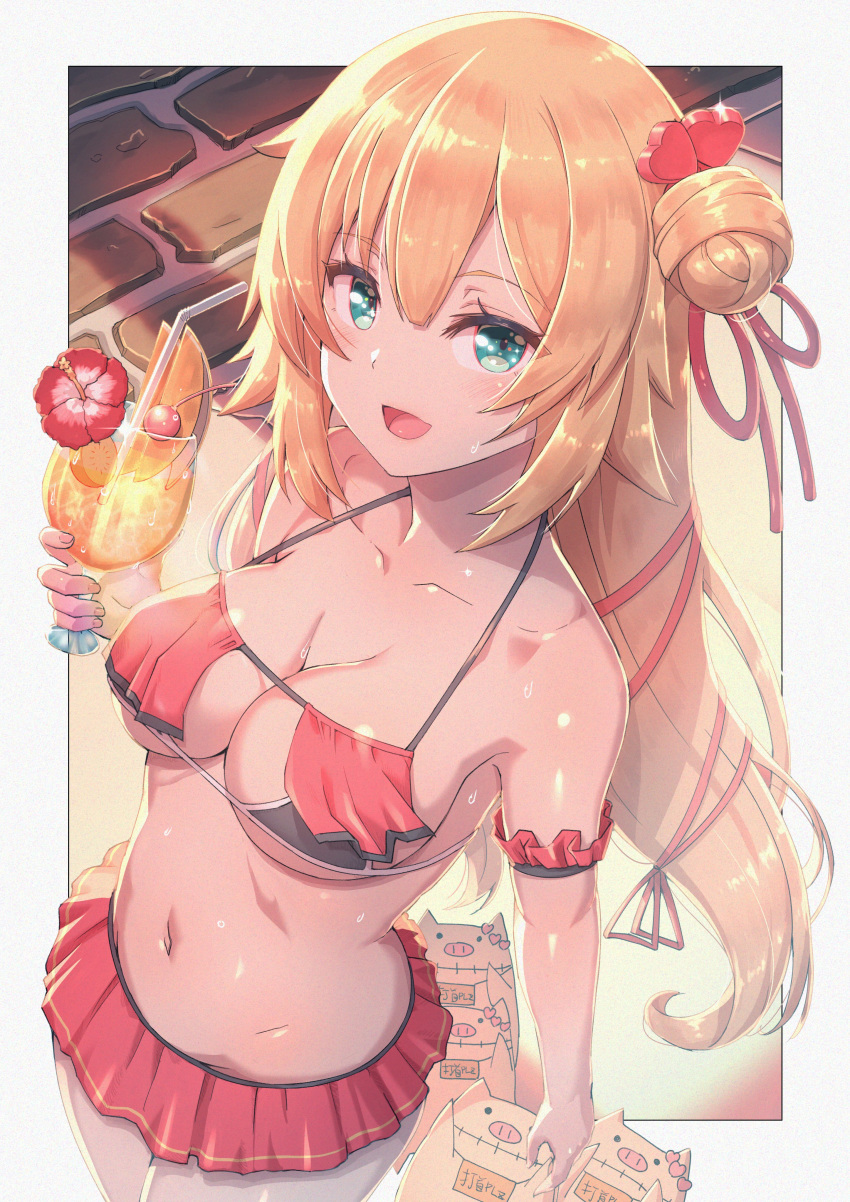 1girl 1girl :d akai_haato bikini bikini_skirt blonde blue_eyes bow breasts cleavage cocktail_glass cup drinking_glass drinking_straw flower hair_bow hair_ornament hair_ribbon heart heart_hair_ornament hibiscus high_resolution hololive long_hair open_mouth red_bikini ribbon smile stone_floor swimsuit uhohiho very_high_resolution virtual_youtuber
