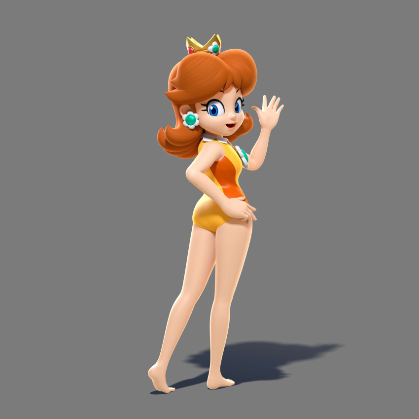 1girl 3d ass barefoot female full_body grey_background leotard mario_&amp;_sonic_at_the_olympic_games mario_&amp;_sonic_at_the_rio_2016_olympic_games nintendo official_art princess_daisy solo super_mario_bros. super_mario_land
