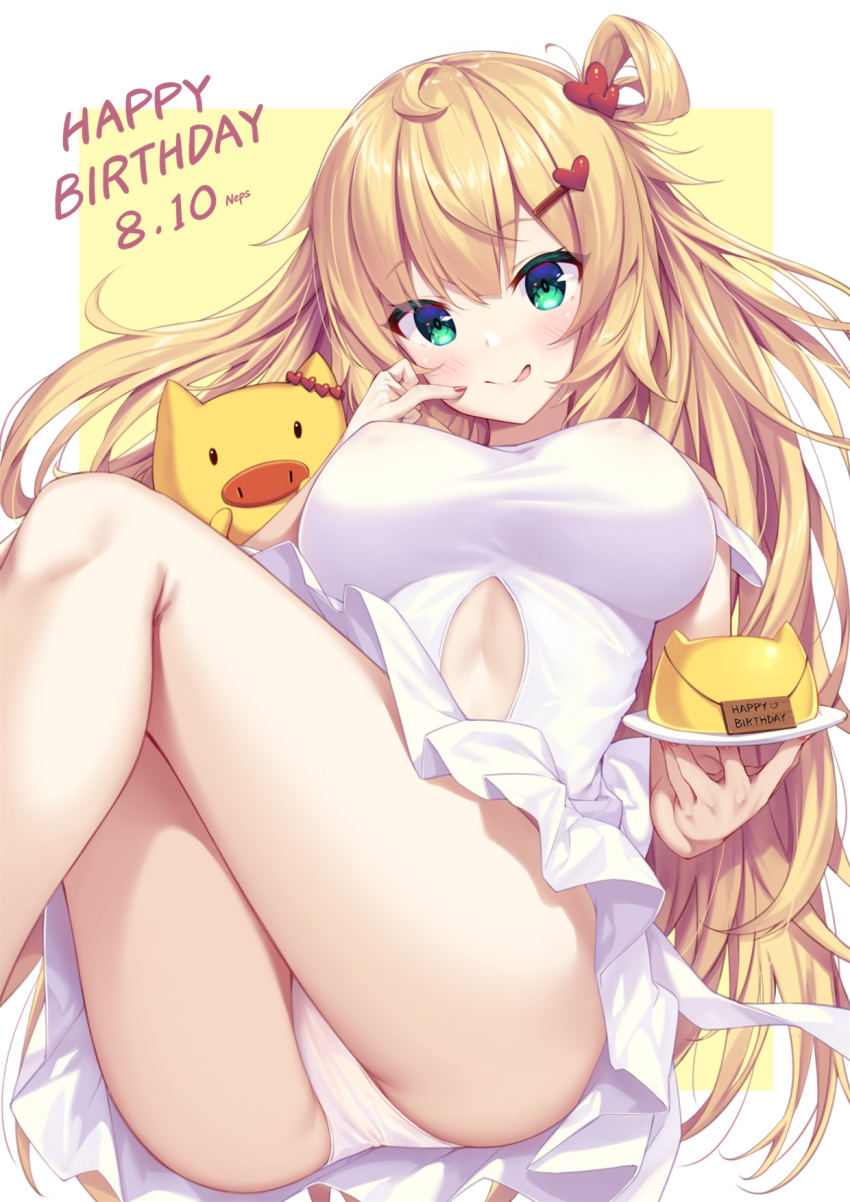 1girl 1girl :q akai_haato ass bangs bare_legs big_breasts blonde blue_eyes blush breasts center_opening closed_mouth dated dress eyebrows_visible_through_hair finger_to_mouth food hair_ornament hair_rings hairclip hand_up happy_birthday heart heart_hair_ornament high_resolution holding holding_plate hololive legs long_hair looking_at_viewer neps-l one_side_up panties pig plate red_nails ribbon sleeveless sleeveless_dress smile strap_slip thighs tongue tongue_out underwear very_long_hair virtual_youtuber white_dress white_panties white_underwear