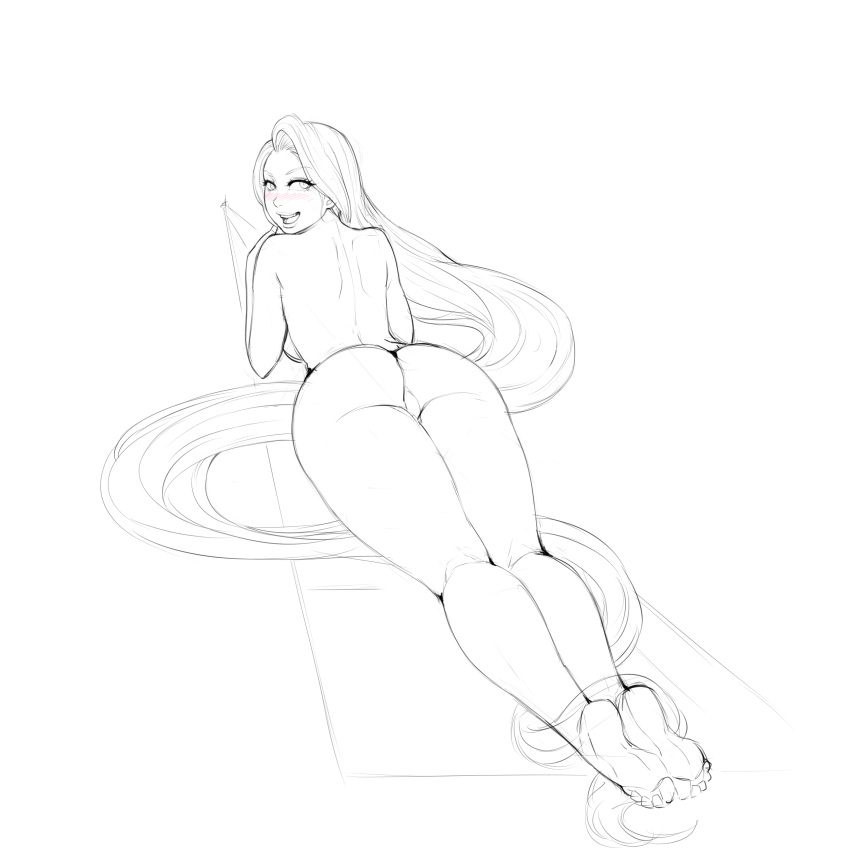 1girl absurdly_long_hair absurdres ass back breasts disney highres legoman lips lm_(legoman) long_hair long_legs looking_at_viewer looking_back monochrome nude pinup rapunzel sideboob sketch smile soles solo tangled toes very_long_hair