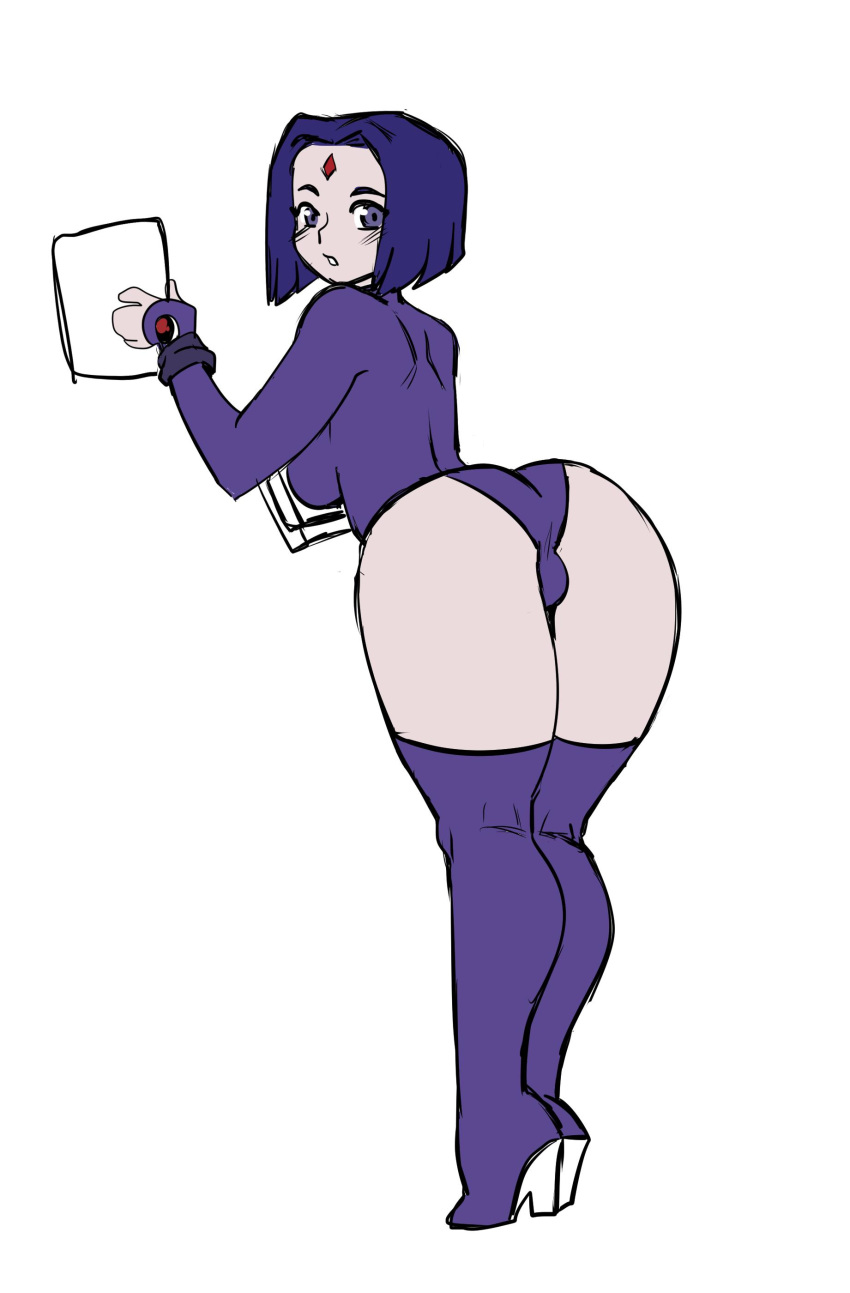 1girl ass darkeros dc_comics looking_back purple_eyes purple_hair raven_(dc) short_hair teen_titans thigh_boots
