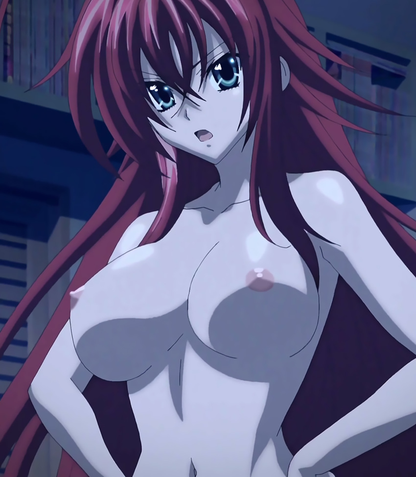 1girl alluring areola breasts close-up frustrated hands_on_hip high_resolution high_school_dxd indoors long_hair navel nipples nude red_hair rias_gremory screen_capture tnk_(company)
