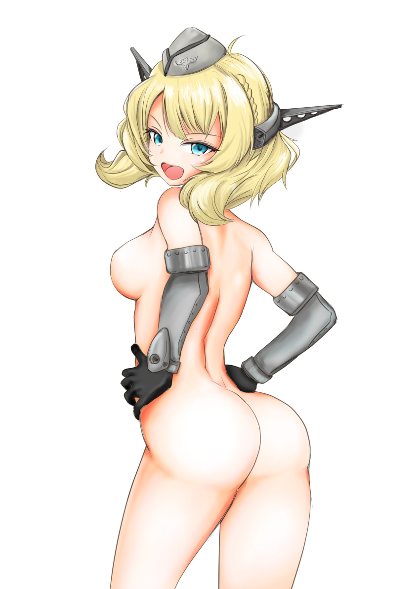 1girl 1girl 1girl ass big_breasts blonde blue_eyes breasts colorado_(kantai_collection) cowboy_shot elbow_gloves from_behind garrison_cap gloves hands_on_hips hat headgear high_resolution kantai_collection looking_at_viewer medium_breasts murasame_ryuu nude open_mouth posterior_cleavage short_hair side_braids sideboob tsurime very_high_resolution white_background